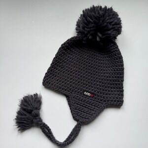 686 Beanie Y2K Knit Hat Ear Flaps Tassels Pom Gray Logo Winter Snowboard Ski